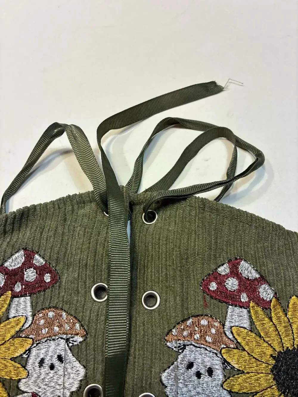 Olive Green Embroidered Sunflower and Mushroom Corduroy Lace-Up Corset Belt
